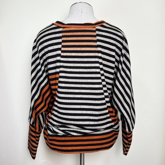 PATTERN Brown Orange & Oatmeal Striped V-Neck Dolman 3/4 Sleeve Top w/Pockets L - Picture 5 of 11